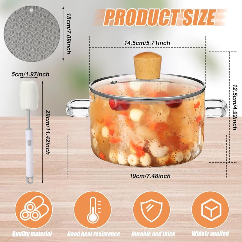 Tioncy 2 Pcs Clear Glass Pots for Cooking on Stove 1.3 L 44 oz Glass Saucepan with Lid Handle Simmer Pot Handmade Cookware Borosilicate Cooking Pot with Brushes and Silicone Mats(Ribbed) - Image 3